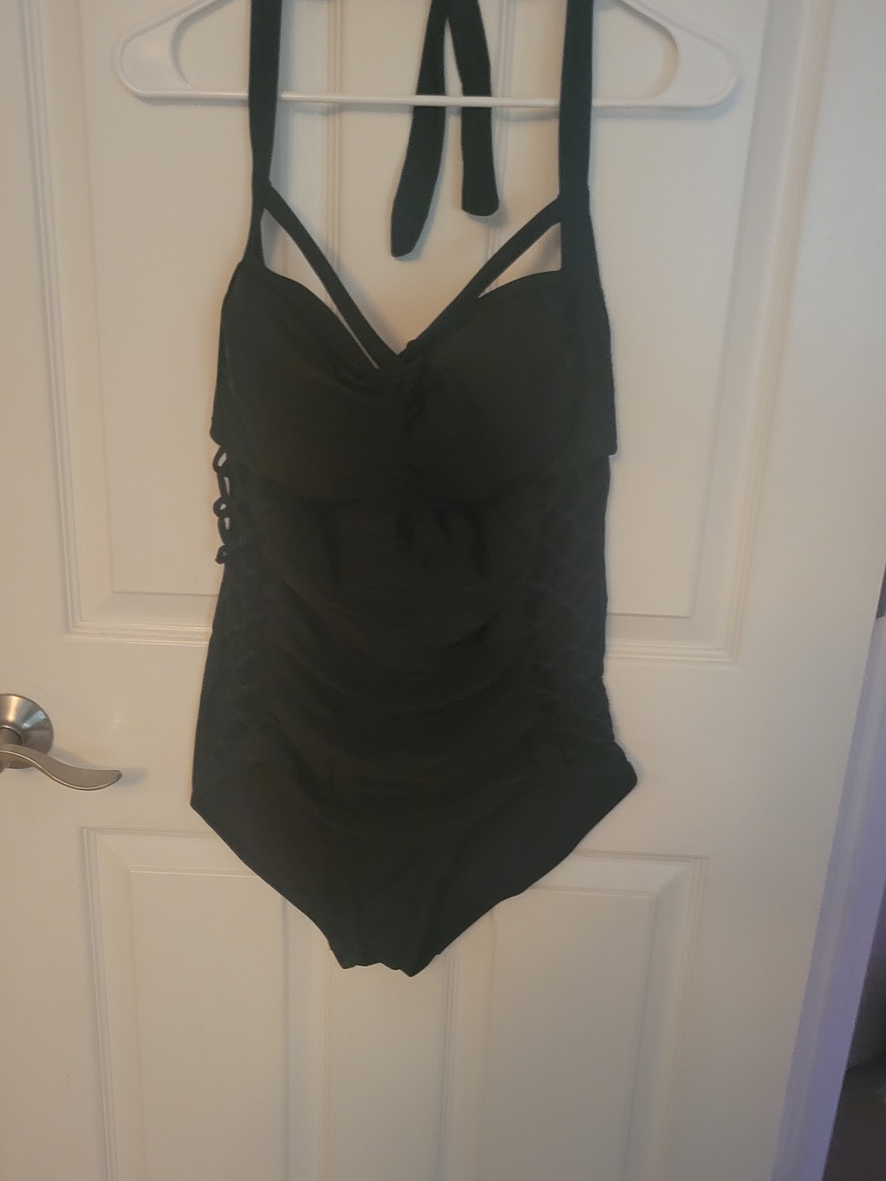 Ashley Graham Black Ruched One-Piece Swimsuit with Lace-Up Sides Size 14 Euc
